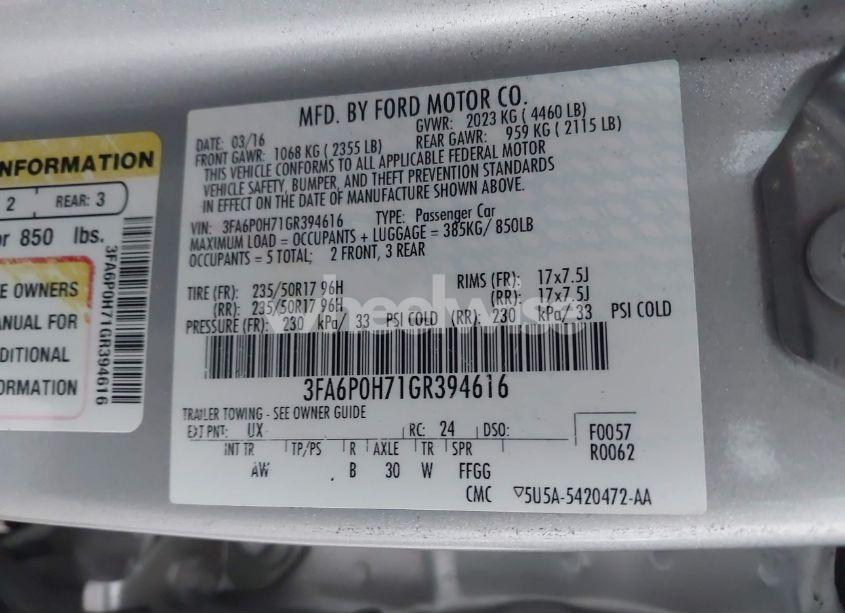 Photo 9 of 2016 Ford Fusion SE (VIN 3FA6P0H71GR394616)