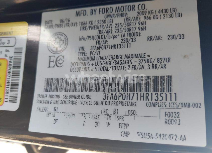 Photo 9 of 2017 Ford Fusion SE (VIN 3FA6P0H71HR135111)