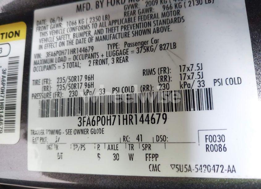 Photo 9 of 2017 Ford Fusion SE (VIN 3FA6P0H71HR144679)