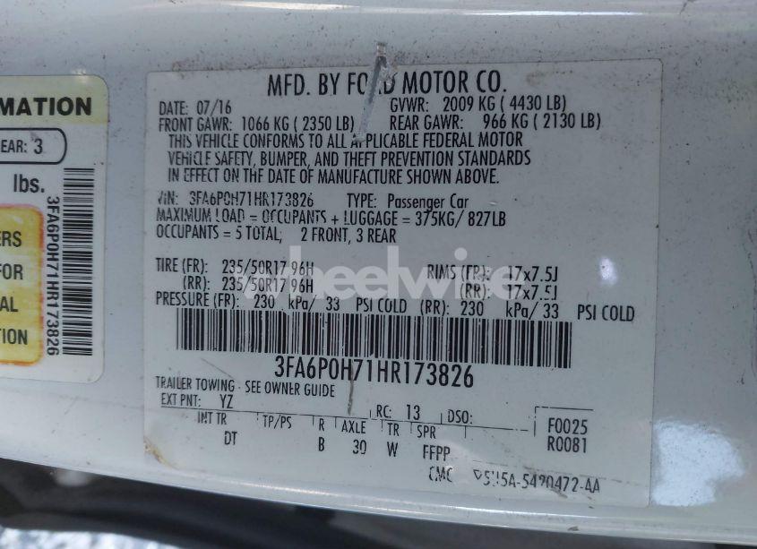 Photo 9 of 2017 Ford Fusion SE (VIN 3FA6P0H71HR173826)