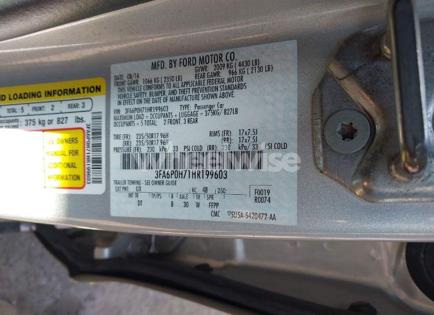 Photo 9 of 2017 Ford Fusion SE (VIN 3FA6P0H71HR199603)