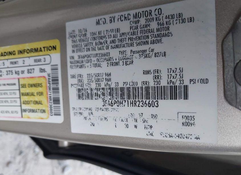 Photo 9 of 2017 Ford Fusion SE (VIN 3FA6P0H71HR236603)