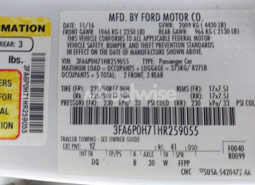 Photo 9 of 2017 Ford Fusion SE (VIN 3FA6P0H71HR259055)