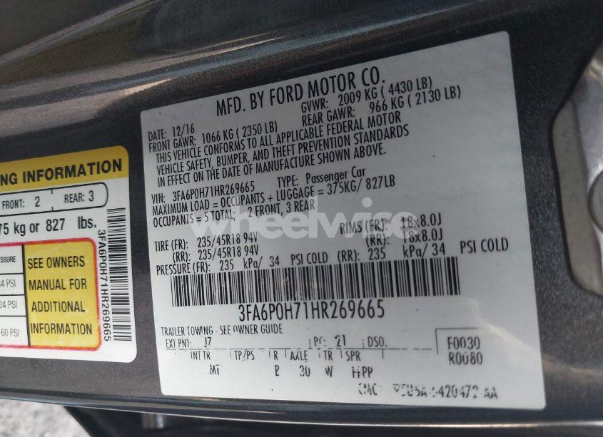 Photo 9 of 2017 Ford Fusion SE (VIN 3FA6P0H71HR269665)