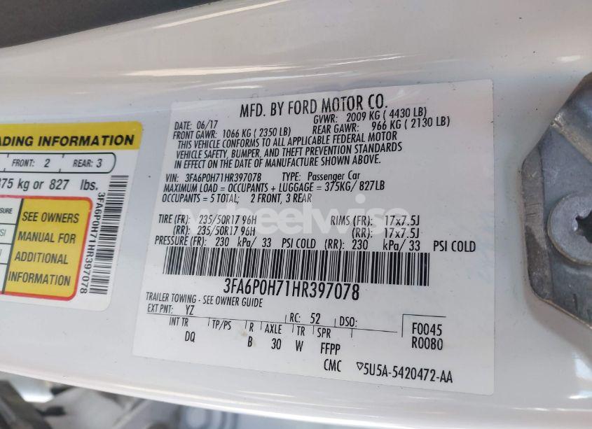 Photo 9 of 2017 Ford Fusion SE (VIN 3FA6P0H71HR397078)