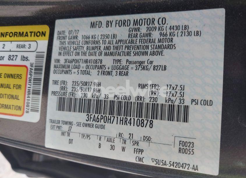 Photo 9 of 2017 Ford Fusion SE (VIN 3FA6P0H71HR410878)