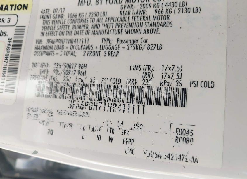 Photo 9 of 2017 Ford Fusion SE (VIN 3FA6P0H71HR411111)