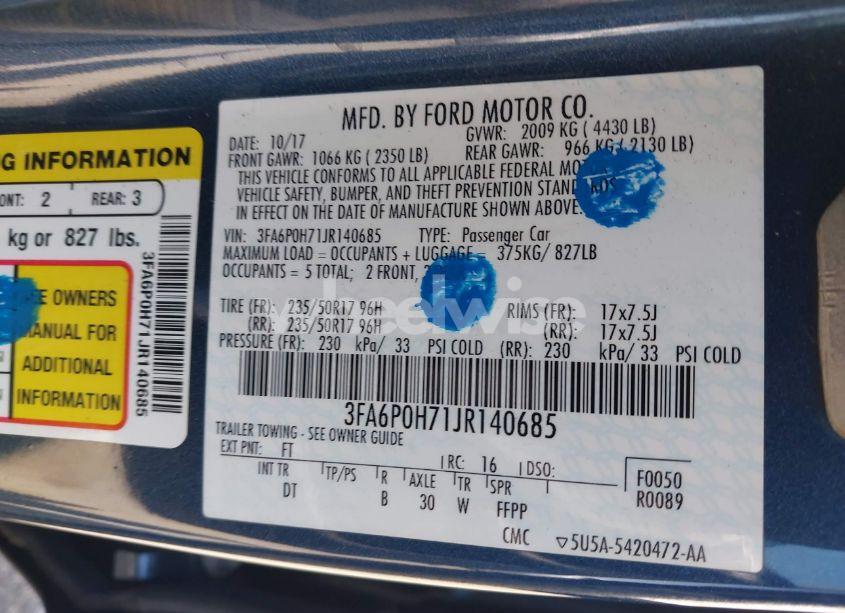 Photo 9 of 2018 Ford Fusion SE (VIN 3FA6P0H71JR140685)