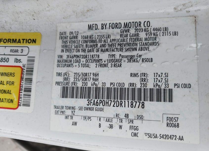 Photo 9 of 2013 Ford Fusion SE (VIN 3FA6P0H72DR118778)