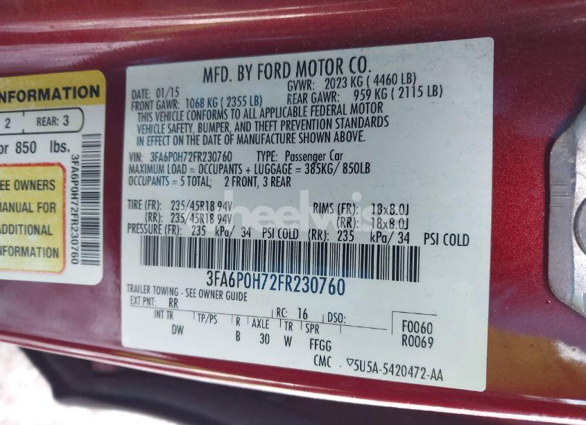 Photo 9 of 2015 Ford Fusion SE (VIN 3FA6P0H72FR230760)