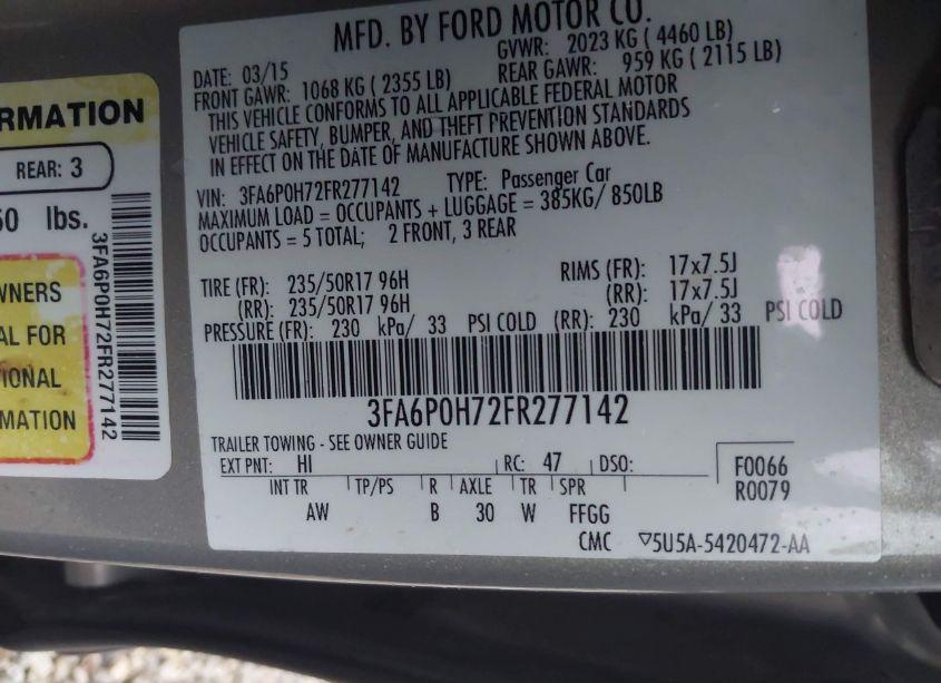 Photo 9 of 2015 Ford Fusion SE (VIN 3FA6P0H72FR277142)
