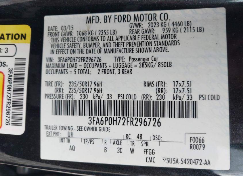 Photo 9 of 2015 Ford Fusion SE (VIN 3FA6P0H72FR296726)