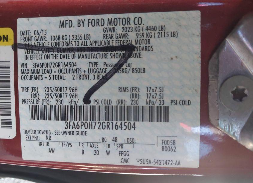 Photo 9 of 2016 Ford Fusion SE (VIN 3FA6P0H72GR164504)