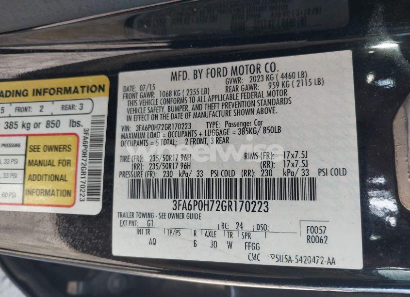 Photo 9 of 2016 Ford Fusion SE (VIN 3FA6P0H72GR170223)