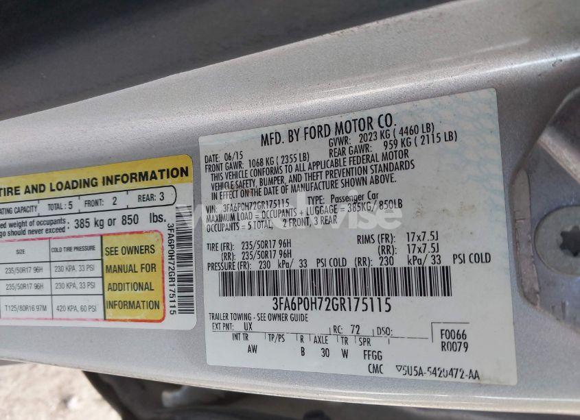 Photo 9 of 2016 Ford Fusion SE (VIN 3FA6P0H72GR175115)