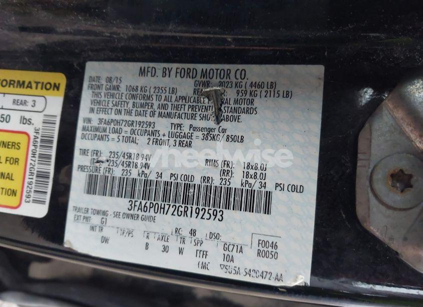 Photo 9 of 2016 Ford Fusion SE (VIN 3FA6P0H72GR192593)