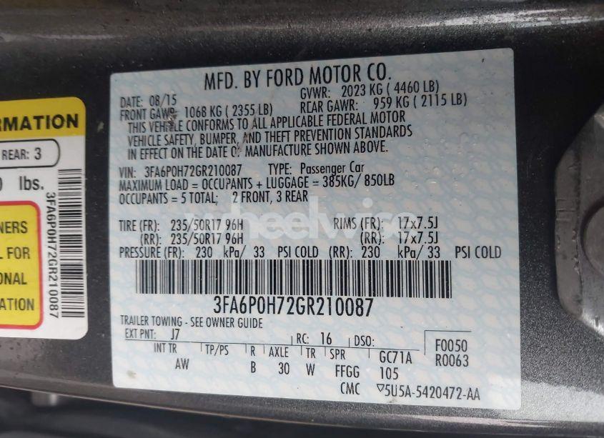 Photo 9 of 2016 Ford Fusion SE (VIN 3FA6P0H72GR210087)