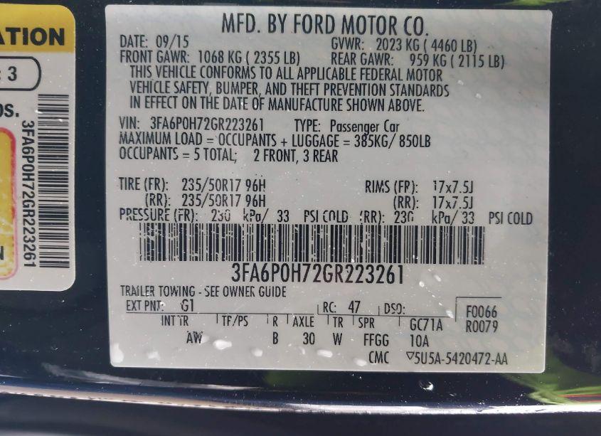 Photo 9 of 2016 Ford Fusion SE (VIN 3FA6P0H72GR223261)