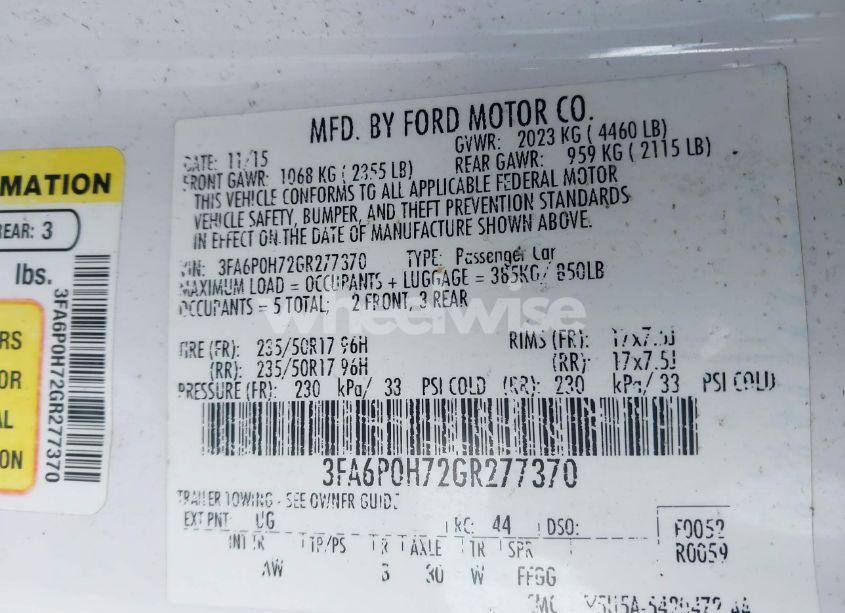 Photo 9 of 2016 Ford Fusion SE (VIN 3FA6P0H72GR277370)