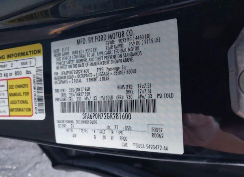 Photo 9 of 2016 Ford Fusion SE (VIN 3FA6P0H72GR281600)