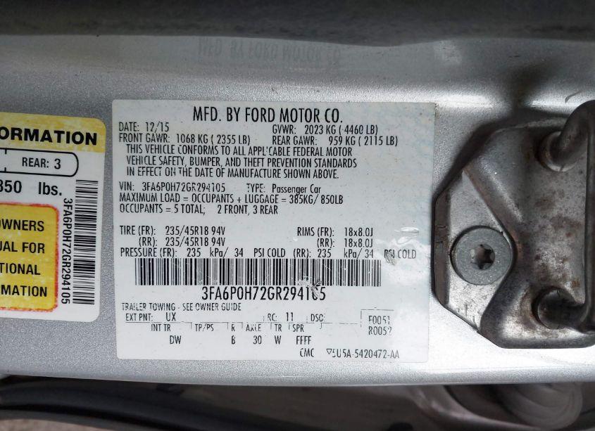 Photo 9 of 2016 Ford Fusion SE (VIN 3FA6P0H72GR294105)