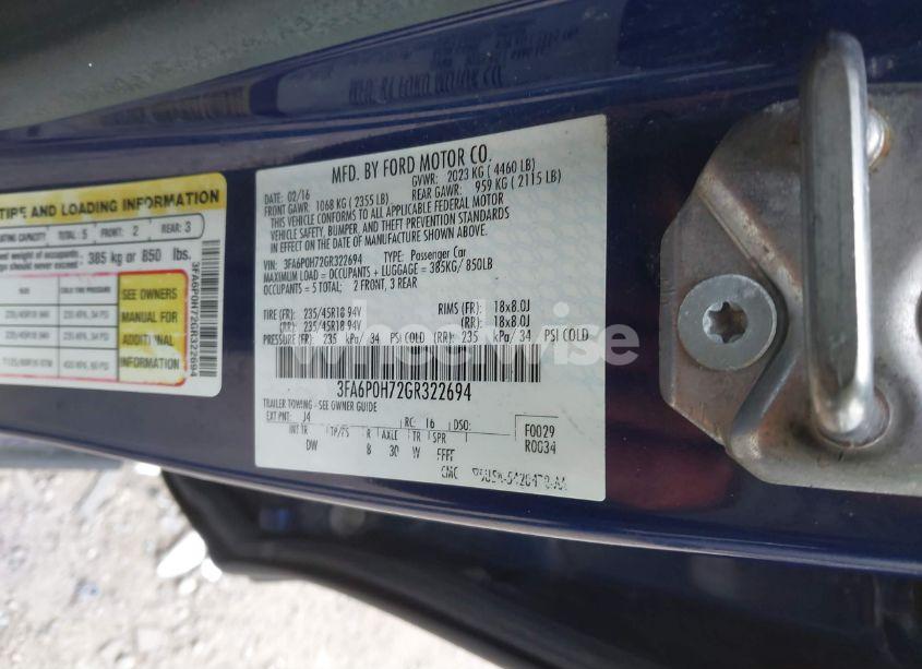 Photo 9 of 2016 Ford Fusion SE (VIN 3FA6P0H72GR322694)