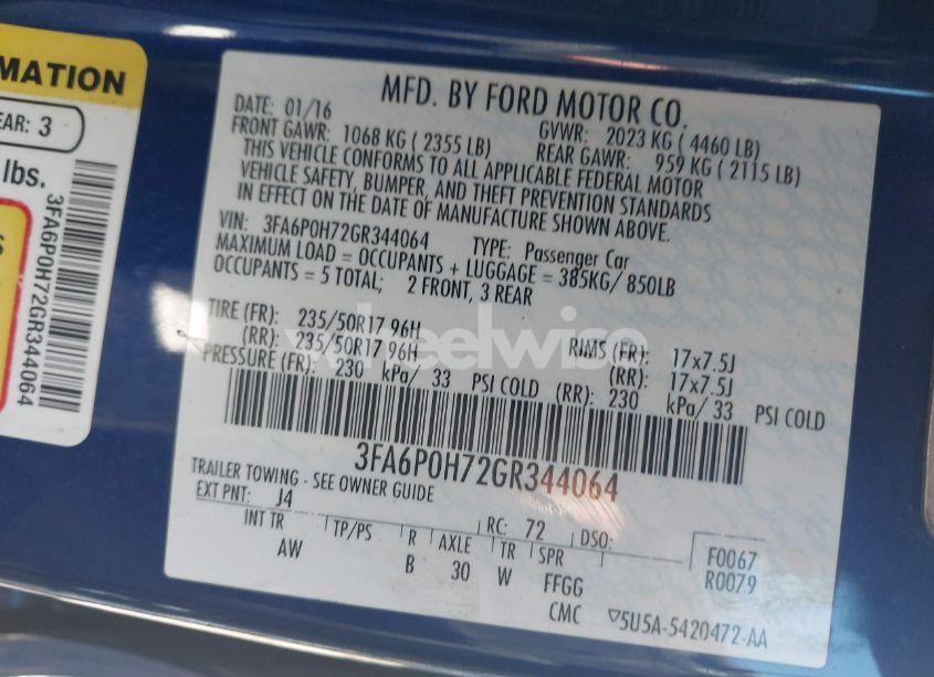 Photo 9 of 2016 Ford Fusion SE (VIN 3FA6P0H72GR344064)