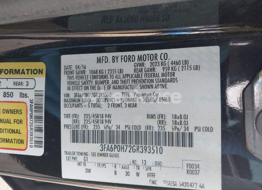 Photo 9 of 2016 Ford Fusion SE (VIN 3FA6P0H72GR393510)