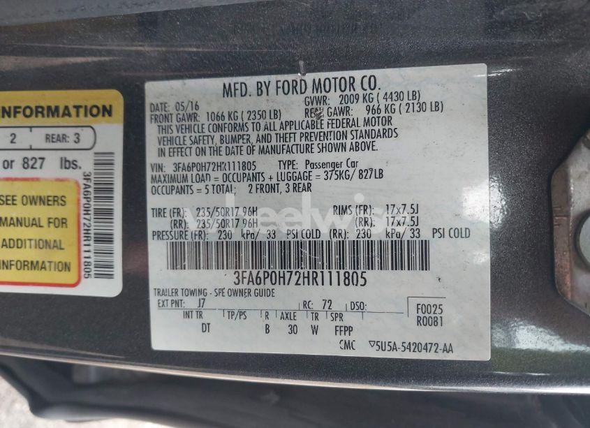 Photo 9 of 2017 Ford Fusion SE (VIN 3FA6P0H72HR111805)