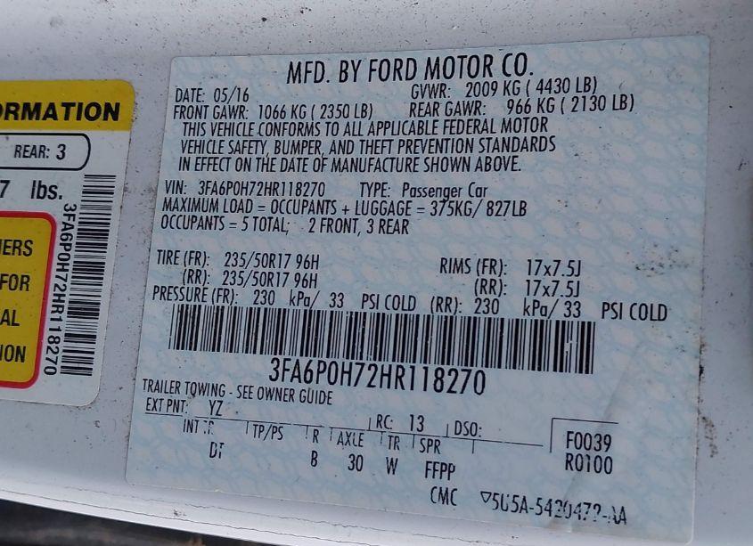 Photo 9 of 2017 Ford Fusion SE (VIN 3FA6P0H72HR118270)