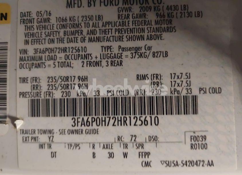 Photo 9 of 2017 Ford Fusion SE (VIN 3FA6P0H72HR125610)