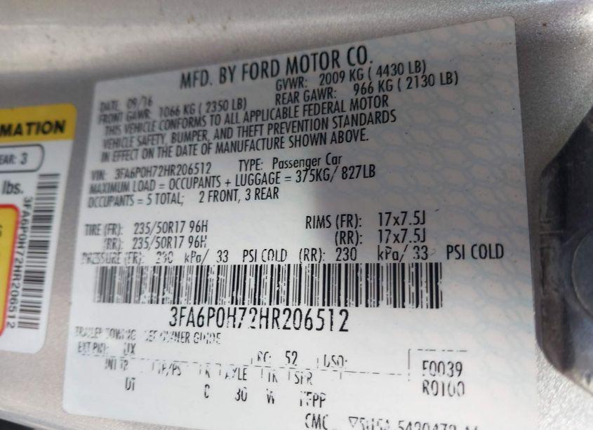 Photo 9 of 2017 Ford Fusion SE (VIN 3FA6P0H72HR206512)