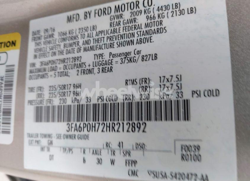 Photo 9 of 2017 Ford Fusion SE (VIN 3FA6P0H72HR212892)