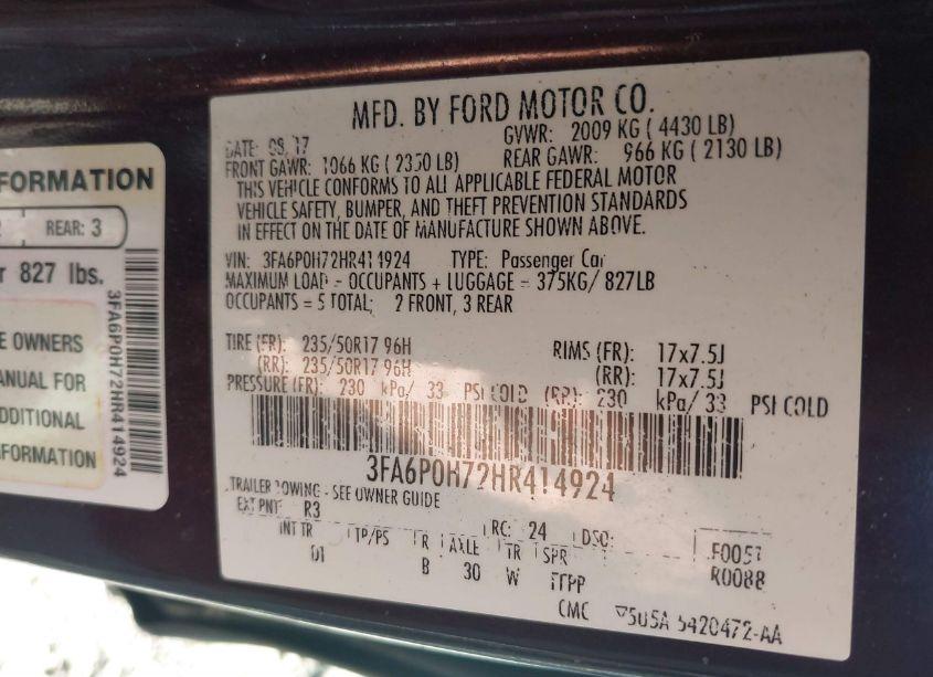 Photo 9 of 2017 Ford Fusion SE (VIN 3FA6P0H72HR414924)