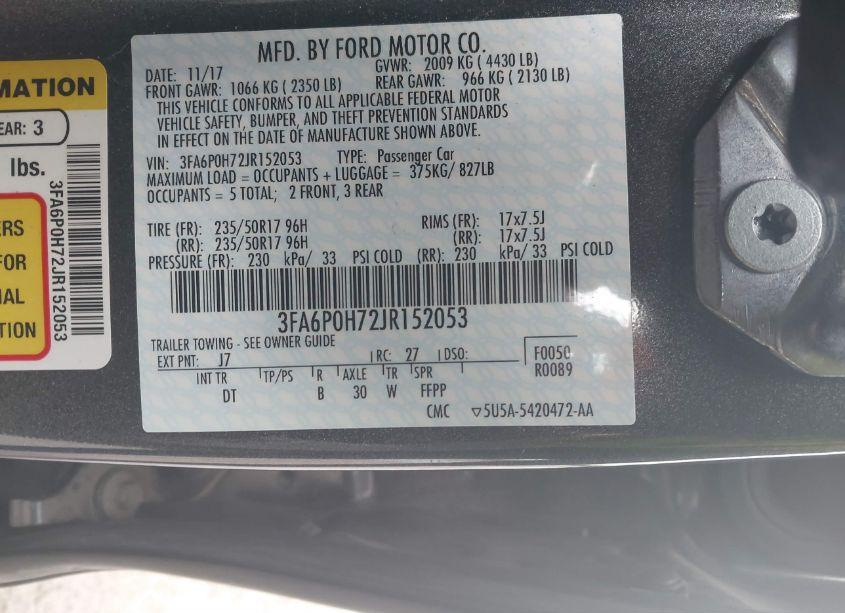 Photo 9 of 2018 Ford Fusion SE (VIN 3FA6P0H72JR152053)