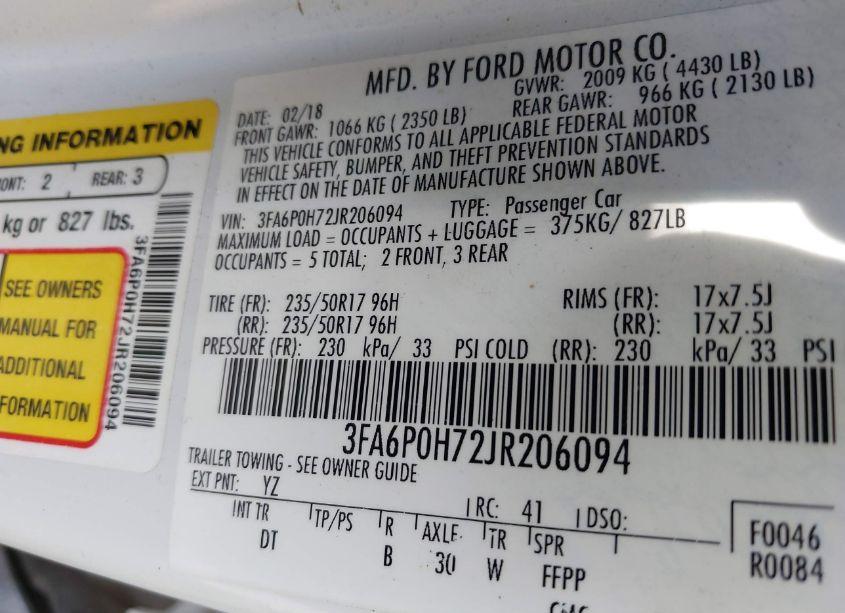 Photo 9 of 2018 Ford Fusion SE (VIN 3FA6P0H72JR206094)