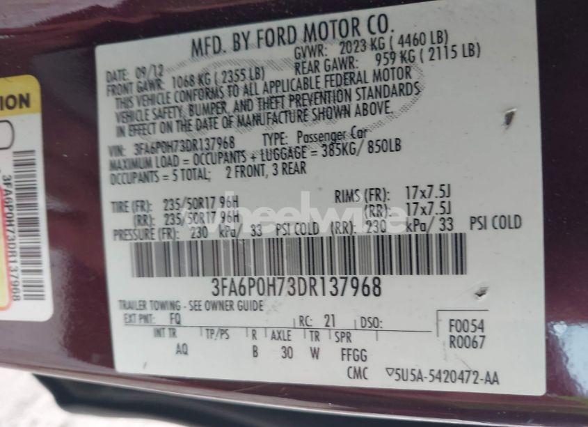 Photo 9 of 2013 Ford Fusion SE (VIN 3FA6P0H73DR137968)