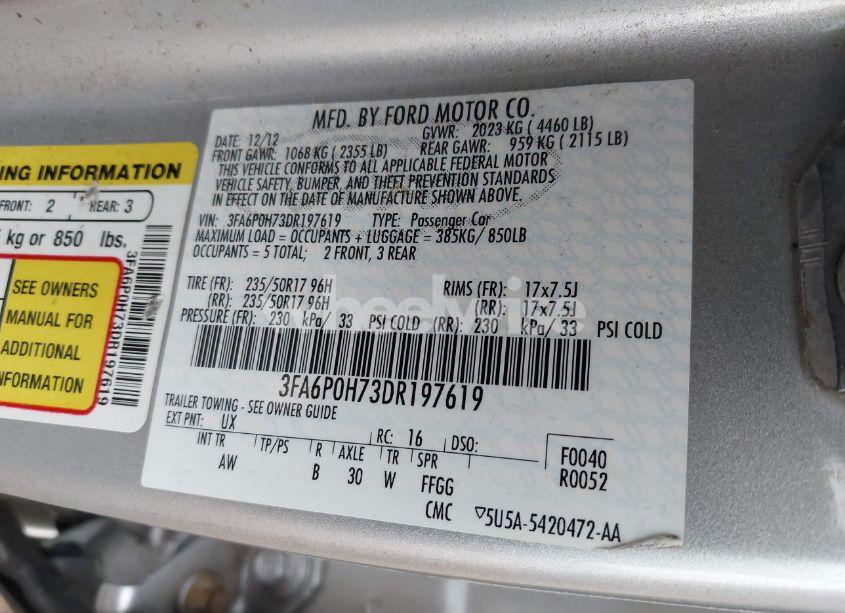 Photo 9 of 2013 Ford Fusion SE (VIN 3FA6P0H73DR197619)