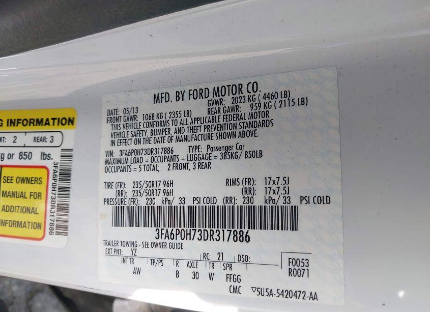 Photo 9 of 2013 Ford Fusion SE (VIN 3FA6P0H73DR317886)