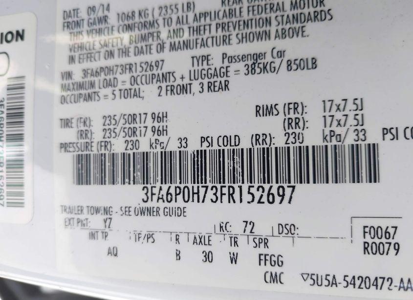 Photo 9 of 2015 Ford Fusion SE (VIN 3FA6P0H73FR152697)