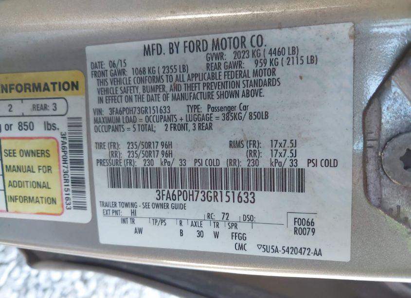 Photo 9 of 2016 Ford Fusion SE (VIN 3FA6P0H73GR151633)