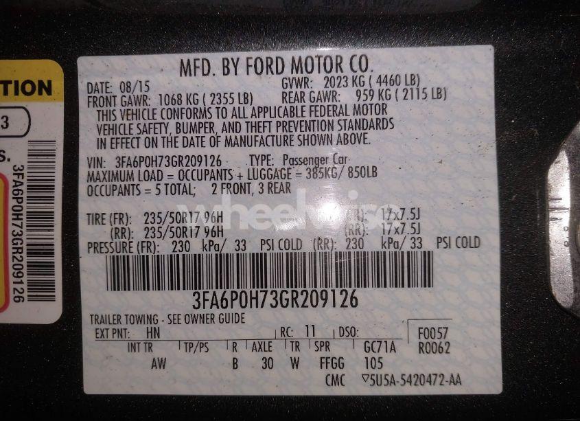 Photo 9 of 2016 Ford Fusion SE (VIN 3FA6P0H73GR209126)