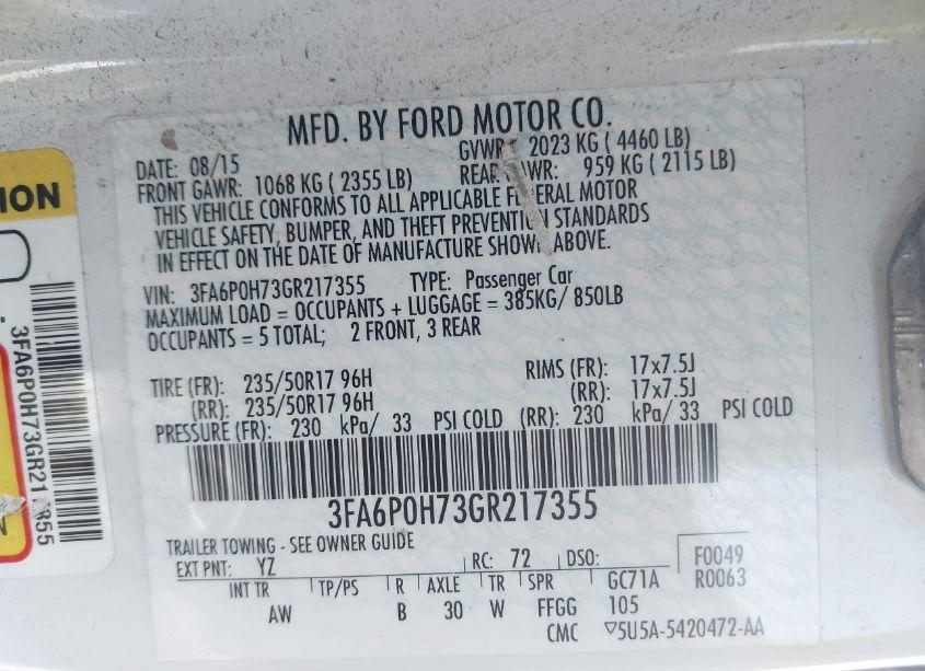 Photo 9 of 2016 Ford Fusion SE (VIN 3FA6P0H73GR217355)