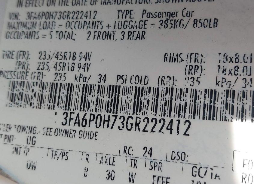 Photo 9 of 2016 Ford Fusion SE (VIN 3FA6P0H73GR222412)