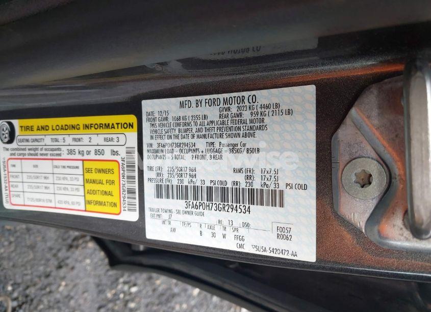 Photo 9 of 2016 Ford Fusion SE (VIN 3FA6P0H73GR294534)