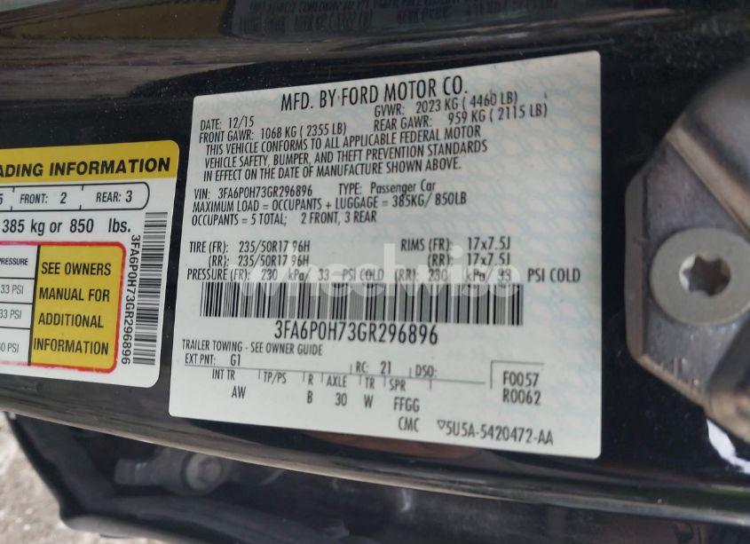 Photo 9 of 2016 Ford Fusion SE (VIN 3FA6P0H73GR296896)