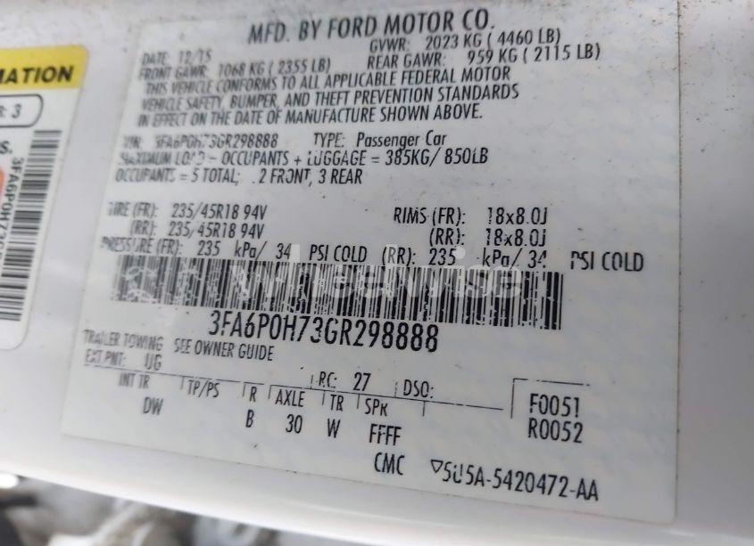 Photo 9 of 2016 Ford Fusion SE (VIN 3FA6P0H73GR298888)
