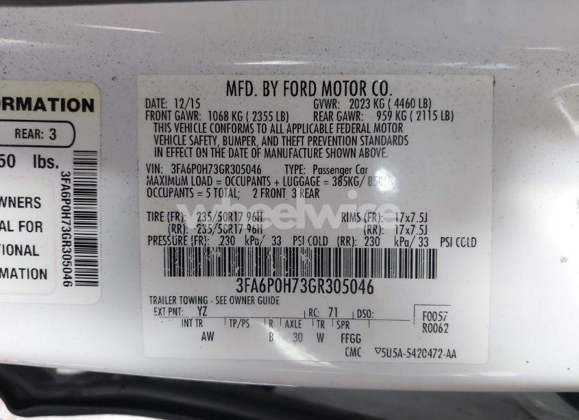 Photo 9 of 2016 Ford Fusion SE (VIN 3FA6P0H73GR305046)