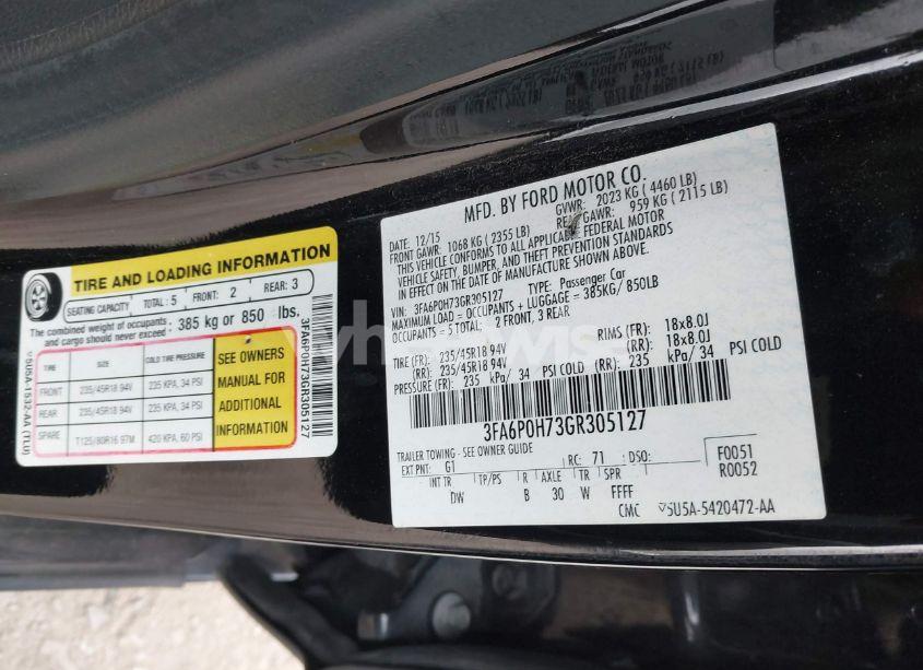 Photo 9 of 2016 Ford Fusion SE (VIN 3FA6P0H73GR305127)