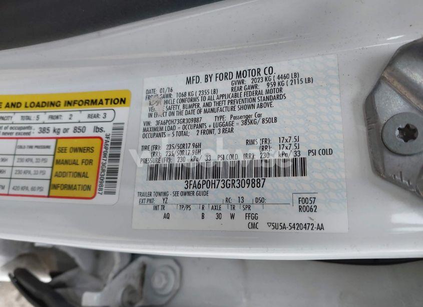 Photo 9 of 2016 Ford Fusion SE (VIN 3FA6P0H73GR309887)